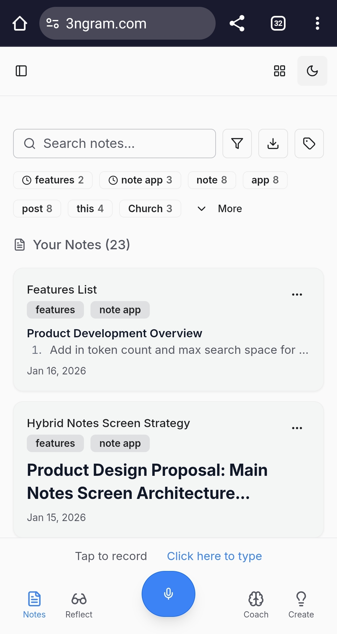 Notes list with tags